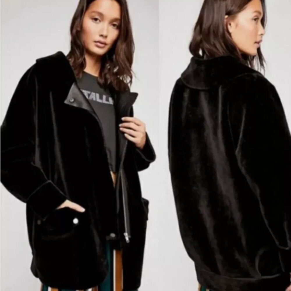 LIKE NEW Free People Black Lindsay Faux Sherpa Vegan Leather Coat Jacket Large